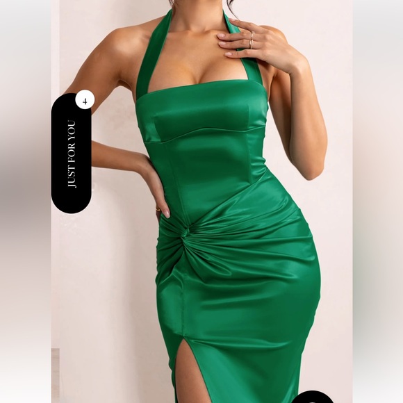 Bottle Green Satin Halter Neck Knot Maxi Dress designed by Club London Size US 6 - Picture 4 of 8